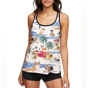 NEW HUNTFAMI Corgi Dogs Tankini W/ Black Boy-shorts Adjustable Straps Women’s S